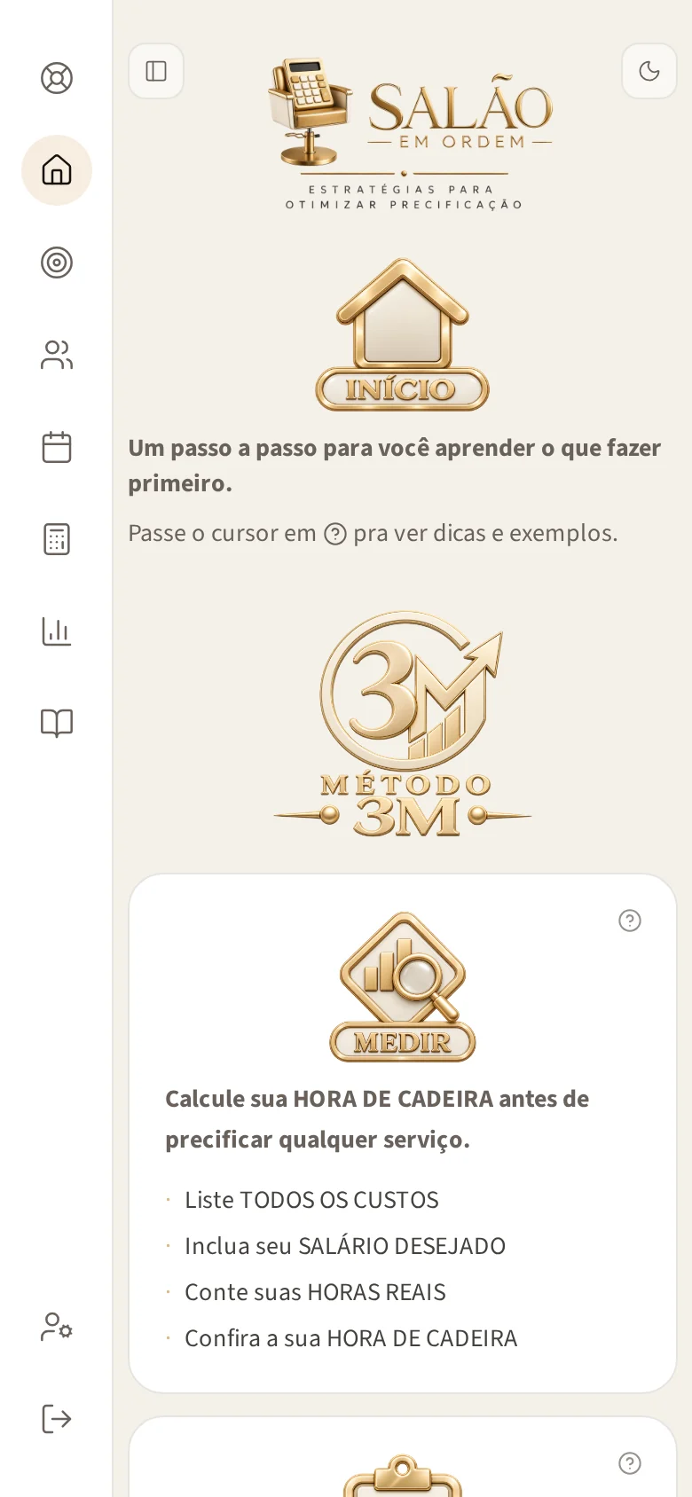 Tela inicial com as etapas MEDIR, MONTAR e MANTER